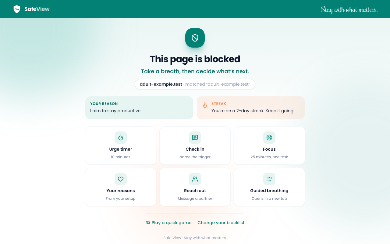 The Safe View blocked page with urge timer, check-in, focus and breathing tools