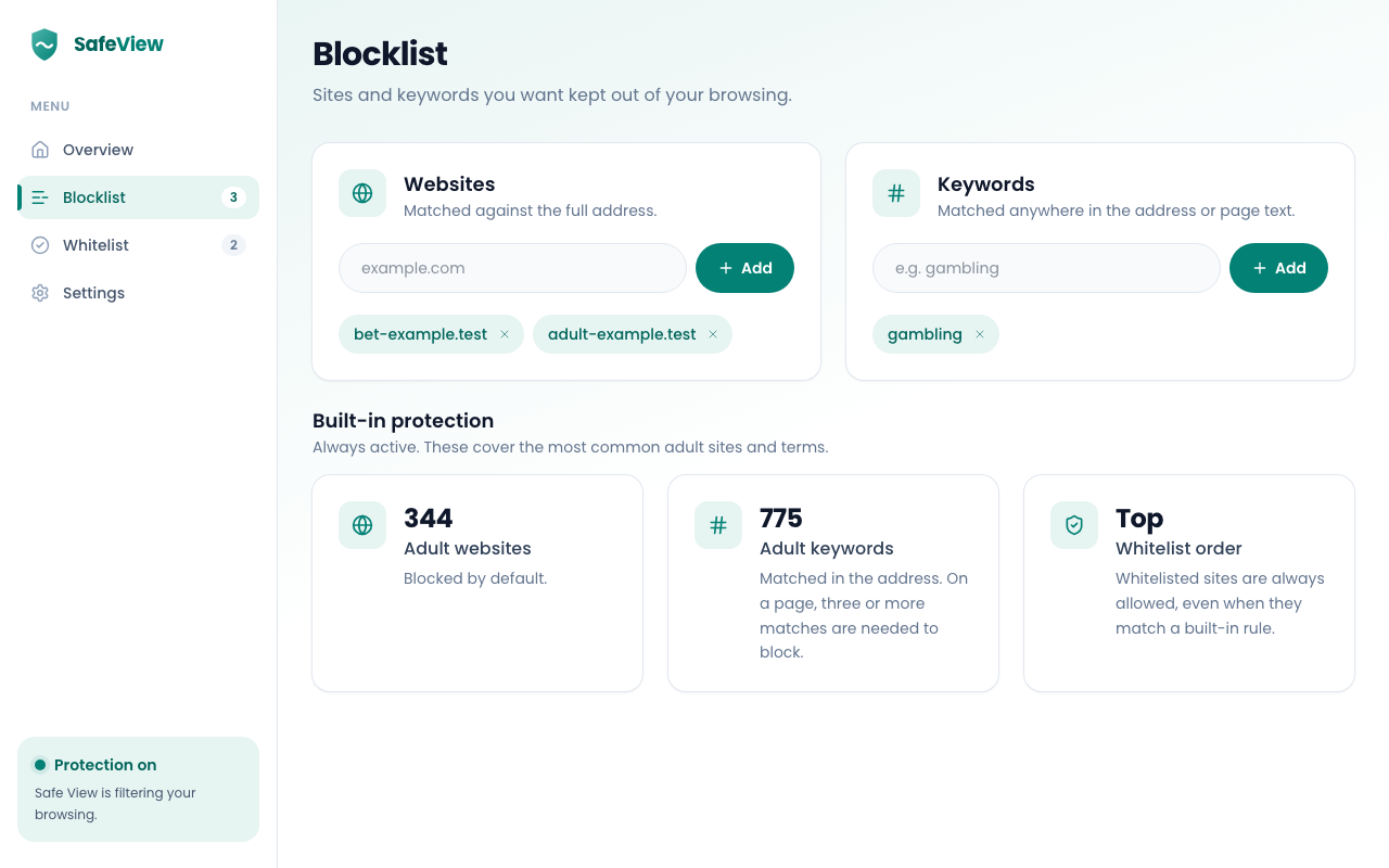 Blocklist page where you add sites and keywords